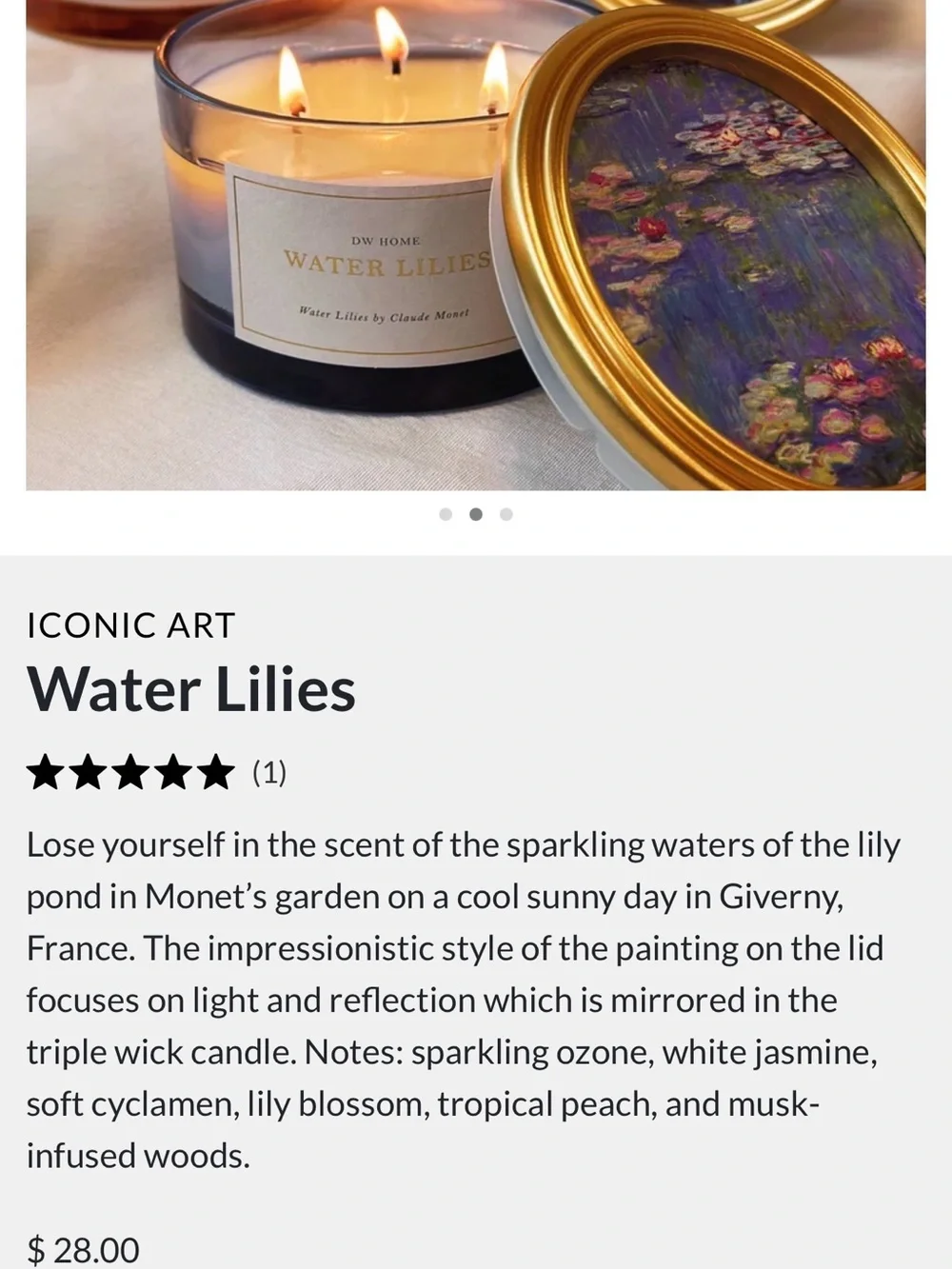 DW Home Claude Monet Water Lilies Decorative Candle - Blue with Gold Accents
